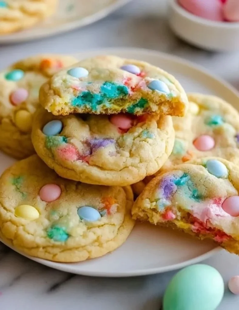 Colorful Easter Funfetti Cookies with sprinkles on a white plate
