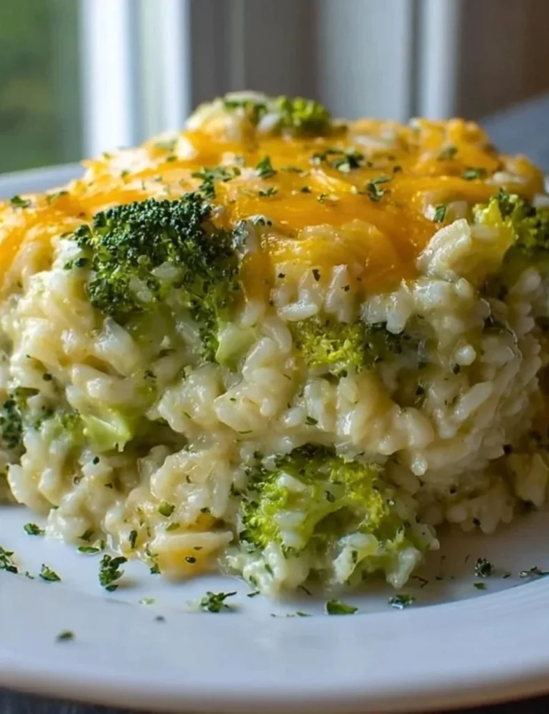 Easy Broccoli Cheese Rice Casserole with melted cheese and broccoli on a plate