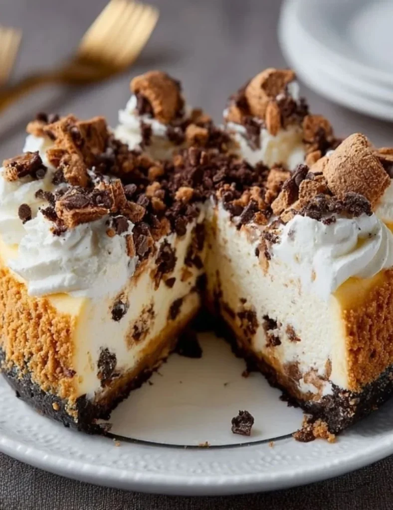Slice of easy cannoli cheesecake with chocolate chips and whipped cream