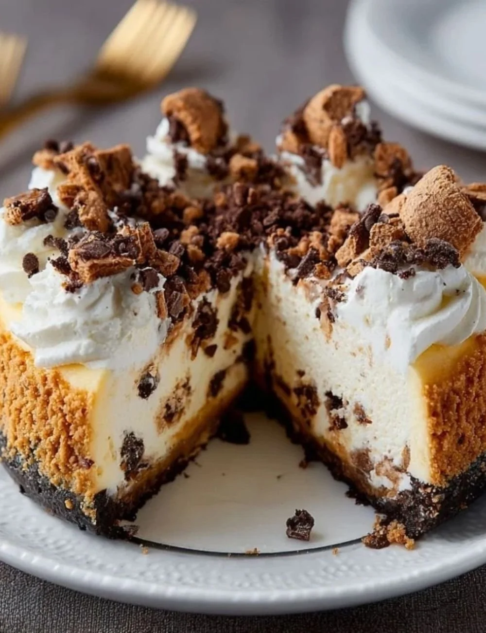 Slice of easy cannoli cheesecake with chocolate chips and whipped cream