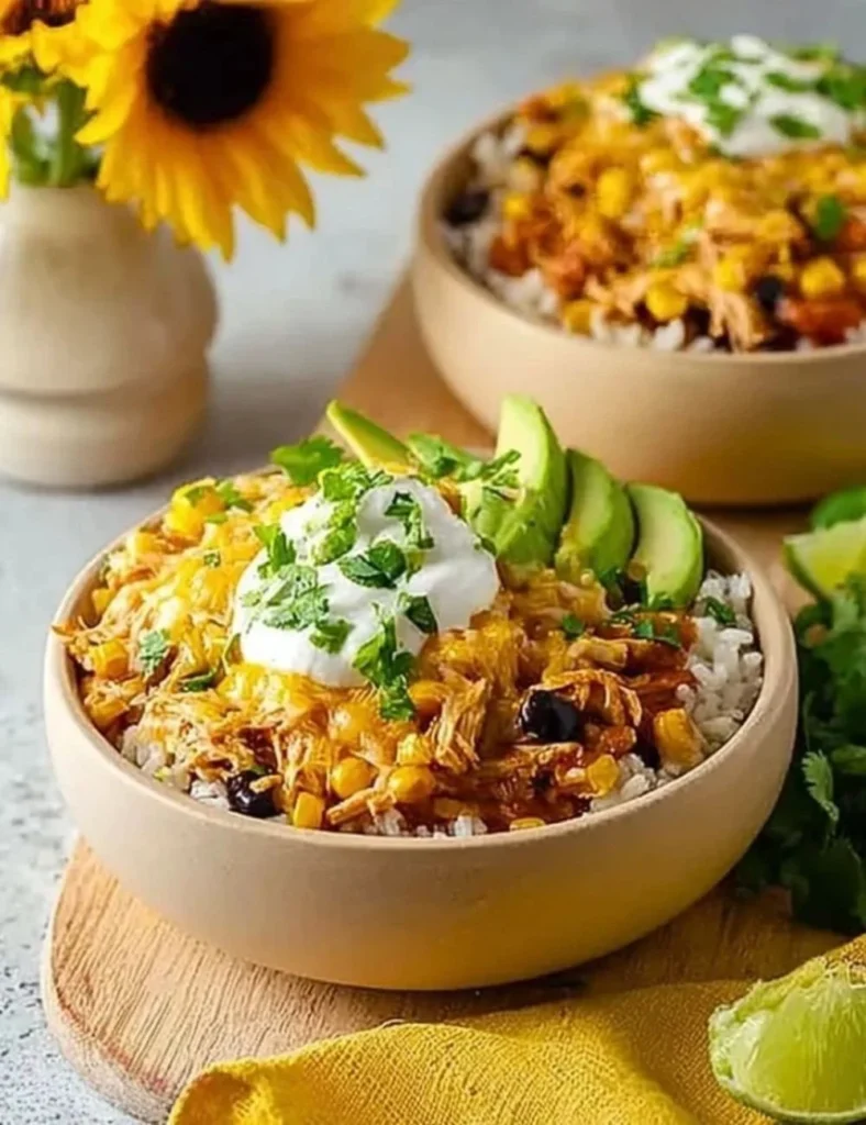 Easy chicken taco rice bowls topped with fresh ingredients in a colorful dish.