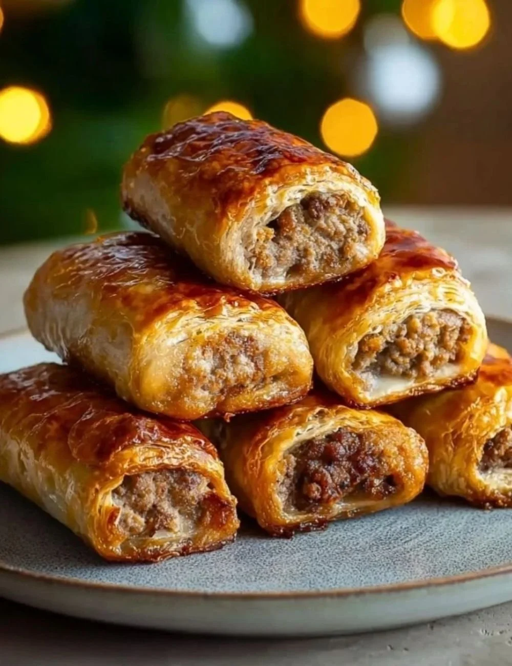 Plate of easy homemade Christmas sausage rolls ready to serve.