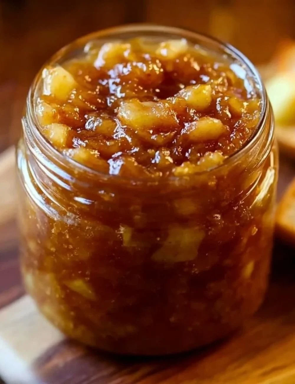 Jar of easy fall caramel apple jam decorated with autumn leaves