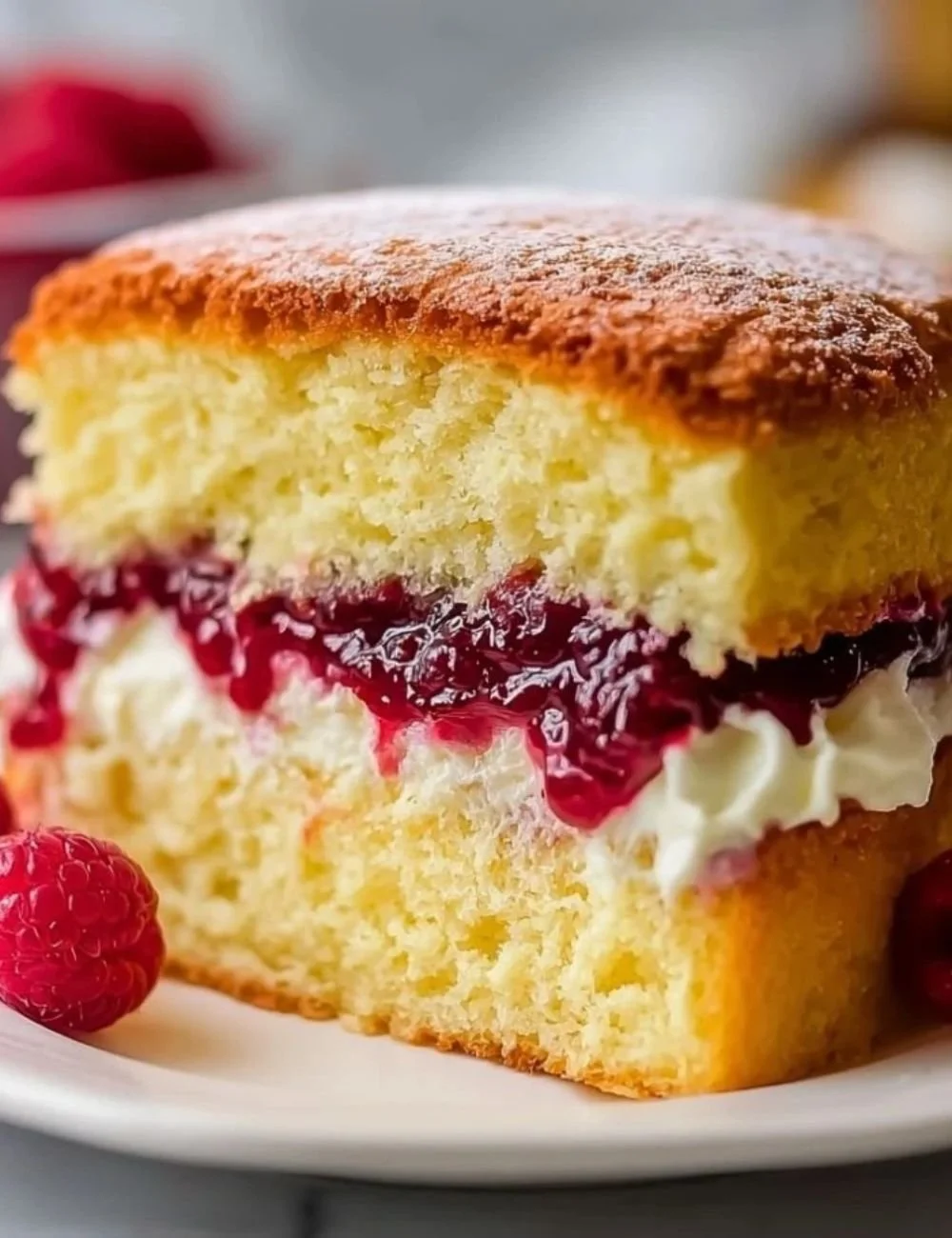 A slice of cake filled with homemade raspberry cake filling, topped with fresh raspberries.