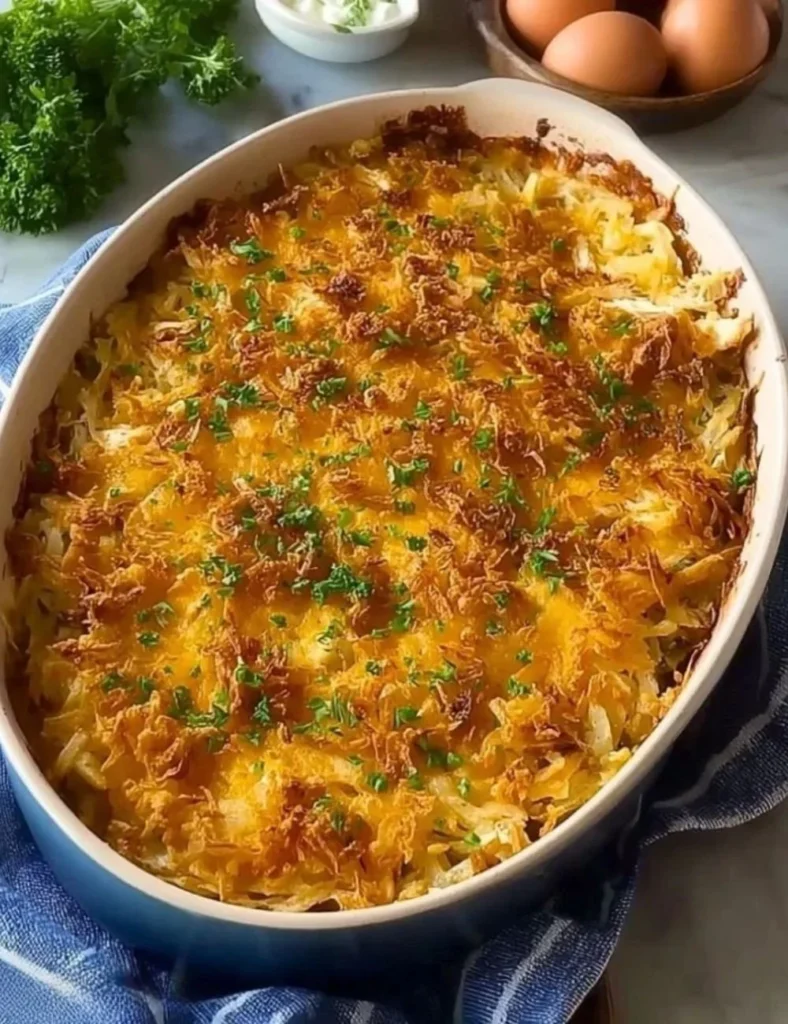 Delicious Rotisserie Chicken Hash Brown Casserole with cheese and crispy toppings