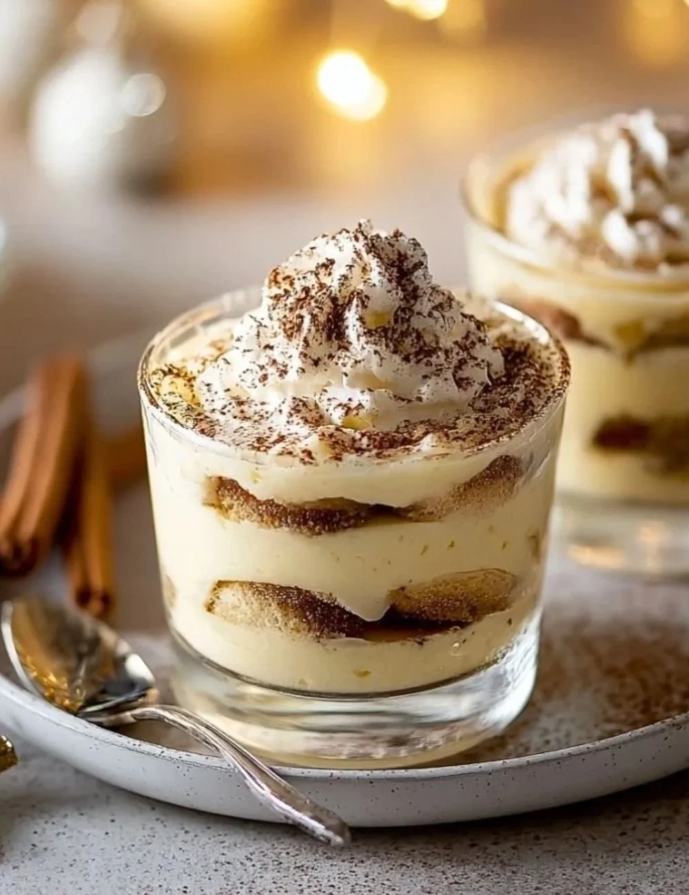 Eggnog tiramisu cups topped with cocoa and festive garnish
