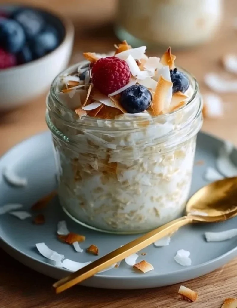 Bowl of healthy coconut cream overnight oats topped with fruits and nuts