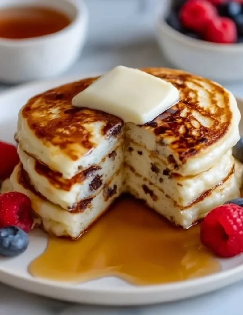 Stack of high protein cottage cheese pancakes topped with fresh fruit