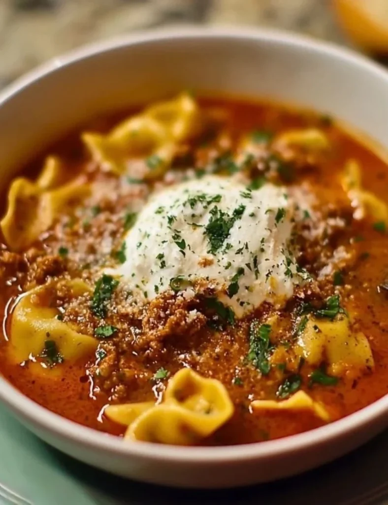A warm bowl of homemade lasagna soup topped with cheese and herbs