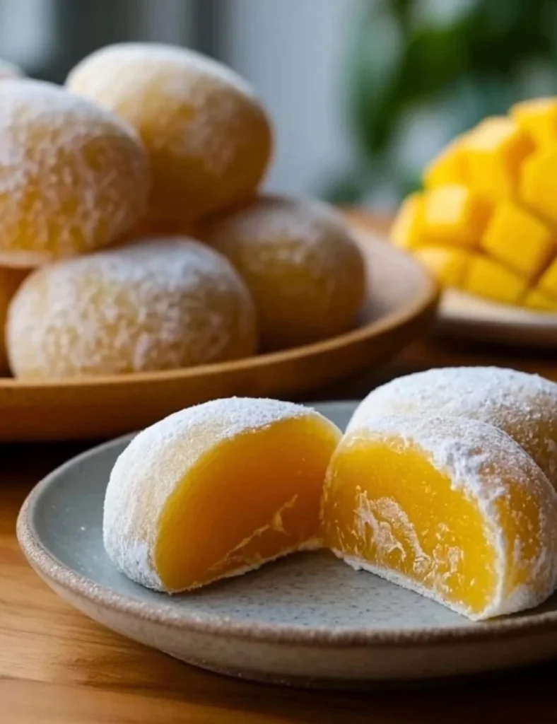 Homemade mango mochi with a sweet mango filling wrapped in chewy rice dough.