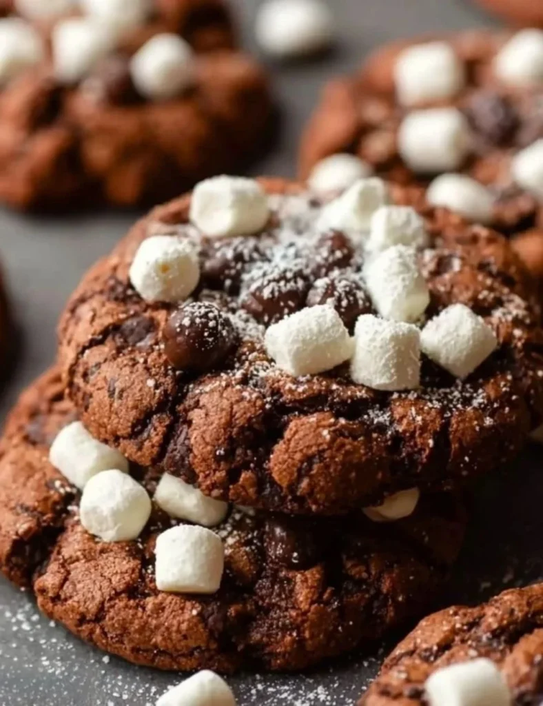 Delicious hot chocolate cookies stacked on a plate with melting chocolate chips