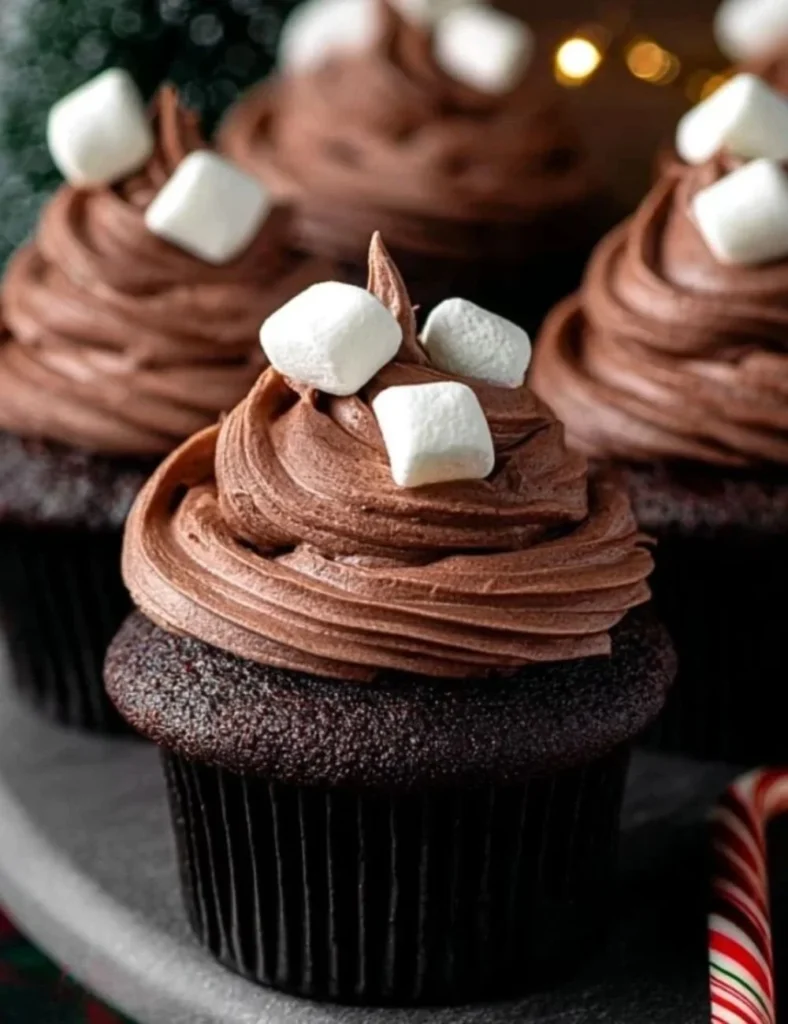 Hot cocoa cupcakes topped with whipped cream and chocolate sprinkles.