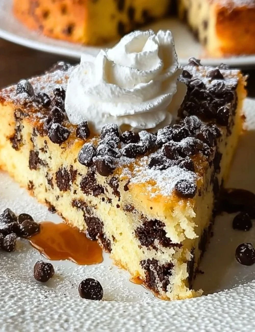 Italian Chocolate Chip Ricotta Cake with chocolate chips on a plate