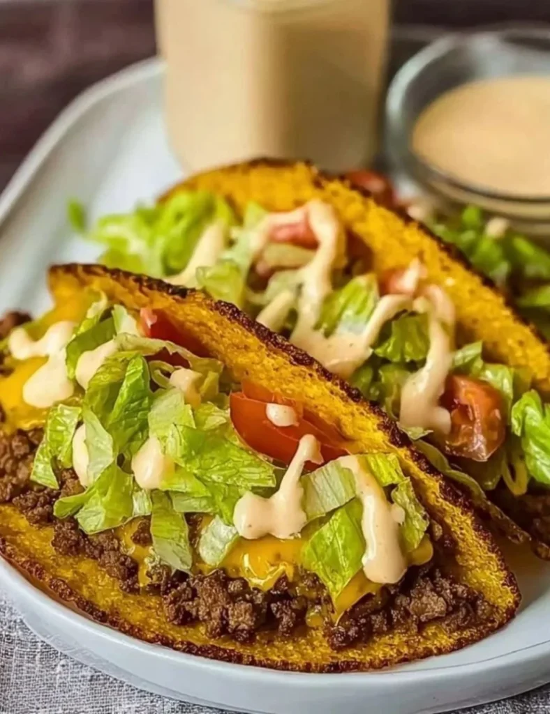 Delicious juicy smash burger tacos served with fresh toppings and sauces.