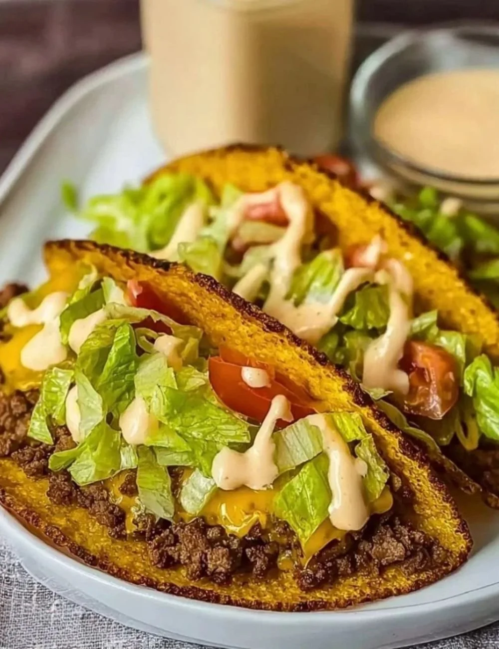 Delicious juicy smash burger tacos served with fresh toppings and sauces.