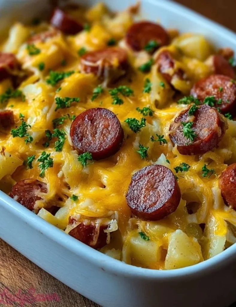 Delicious Kielbasa sausage cheesy potato casserole baked to perfection