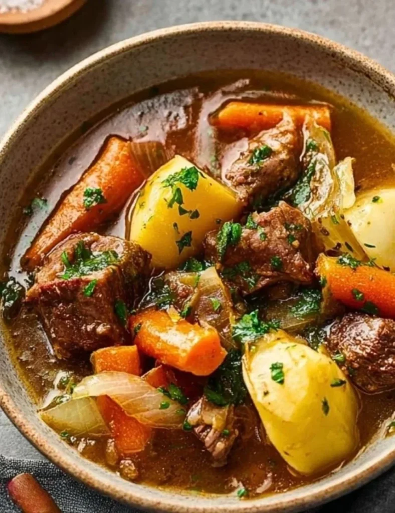 Delicious homemade lamb stew simmering with fresh vegetables
