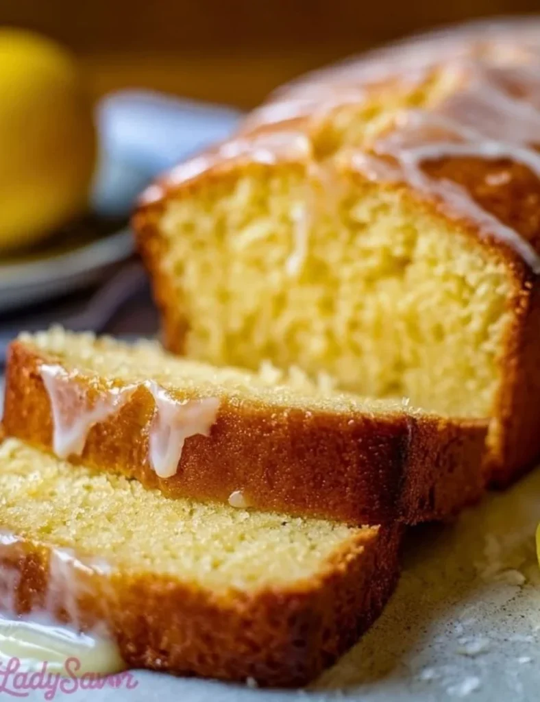 Slice of moist Lemon Loaf Bread with a lemon garnish