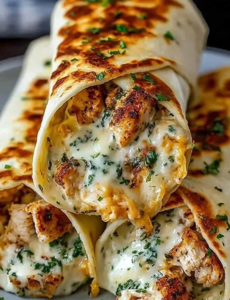 Low carb cheesy garlic chicken wraps on a plate with fresh greens