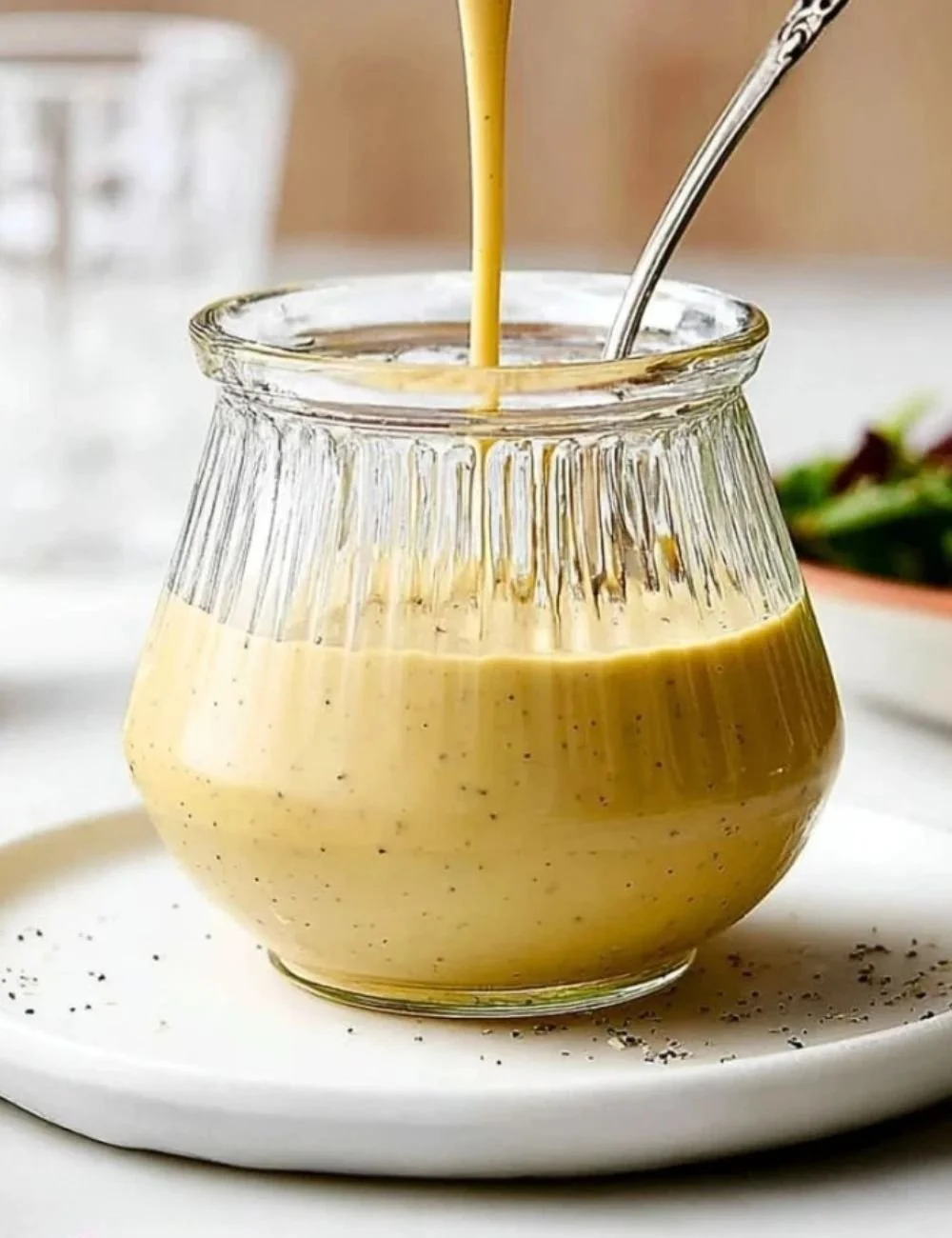 Maple Dijon Tahini Dressing drizzled over a fresh salad