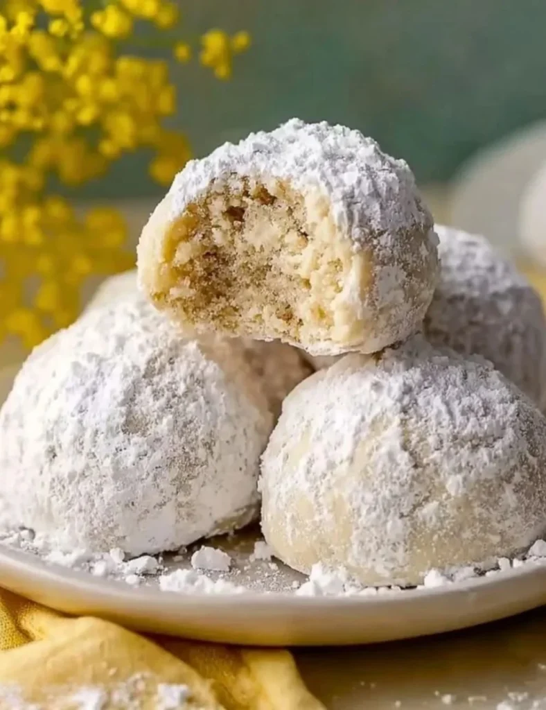 Delicious melt-in-your-mouth cream cheese snowball cookies on a plate