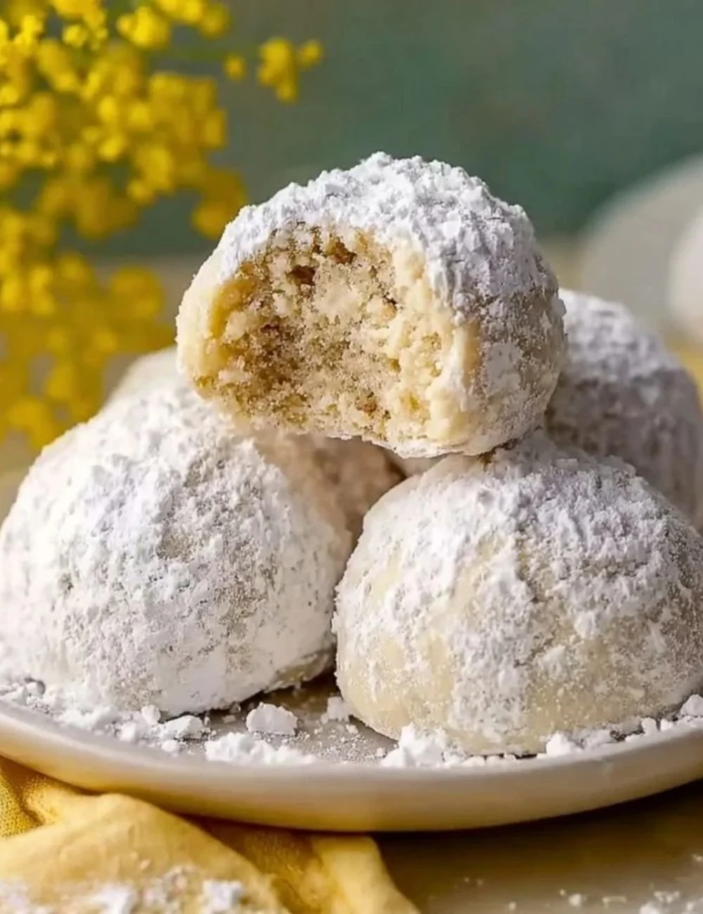 Delicious melt-in-your-mouth cream cheese snowball cookies on a plate