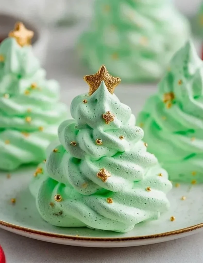 Decorative Meringue Christmas Trees on a festive holiday platter