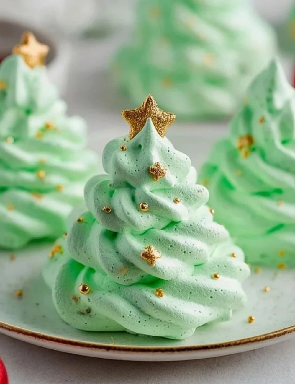 Decorative Meringue Christmas Trees on a festive holiday platter