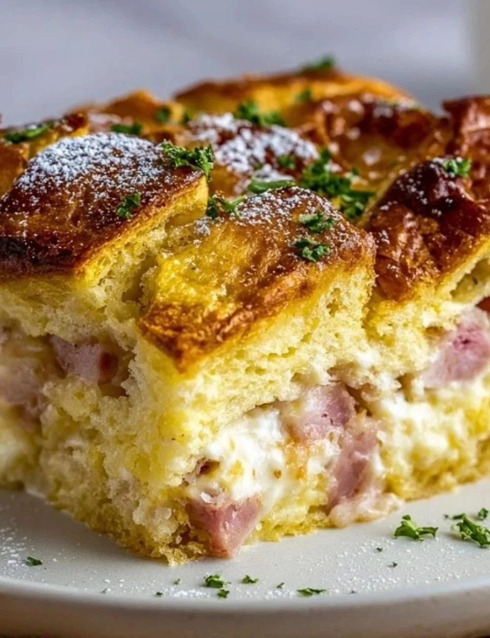 Delicious Monte Cristo Breakfast Casserole with ham, cheese, and eggs