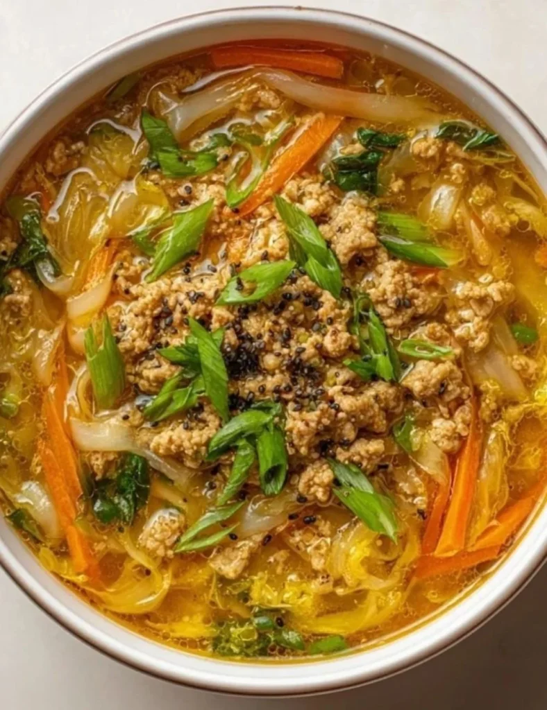 One-Pot Egg Roll Soup featuring fresh vegetables and savory broth.