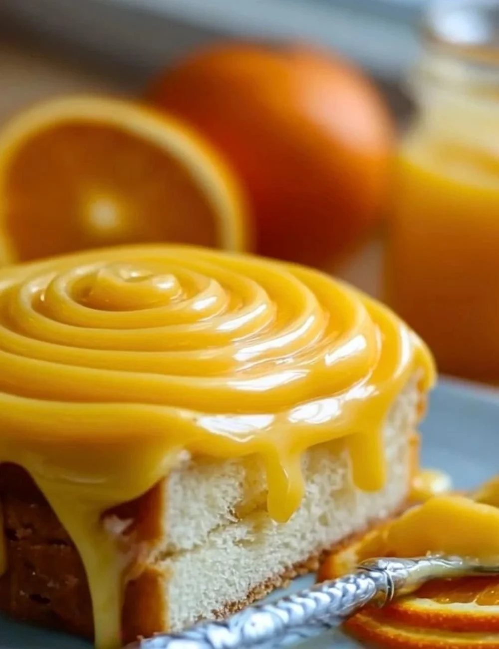 Jar of homemade orange curd with fresh oranges and a spoon