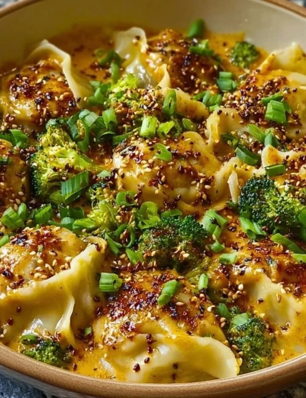 Oven-baked dumplings served with creamy peanut sauce on a plate