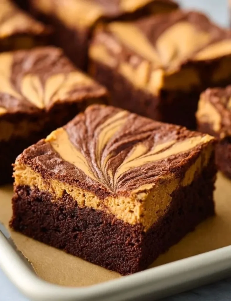 Delicious peanut butter swirl brownies topped with creamy peanut butter