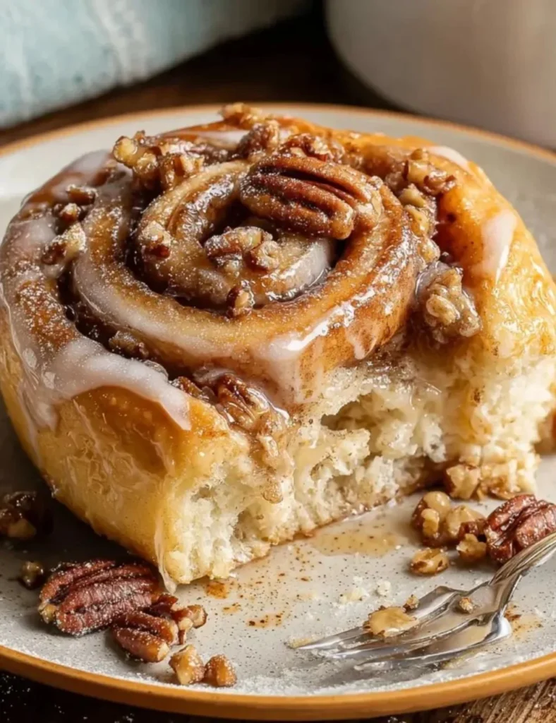 Pecan Pie Cinnamon Rolls drizzled with caramel and topped with pecans.
