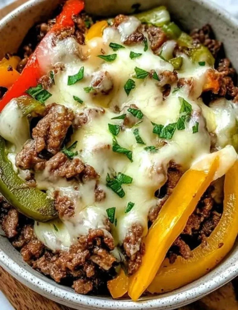 Delicious Philly Cheesesteak Bowl topped with cheese and peppers