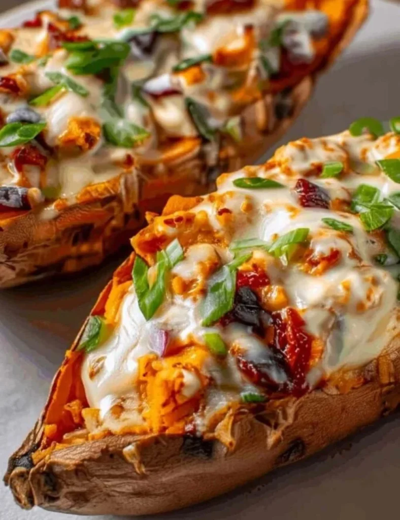 Protein loaded sweet potato boats topped with healthy ingredients