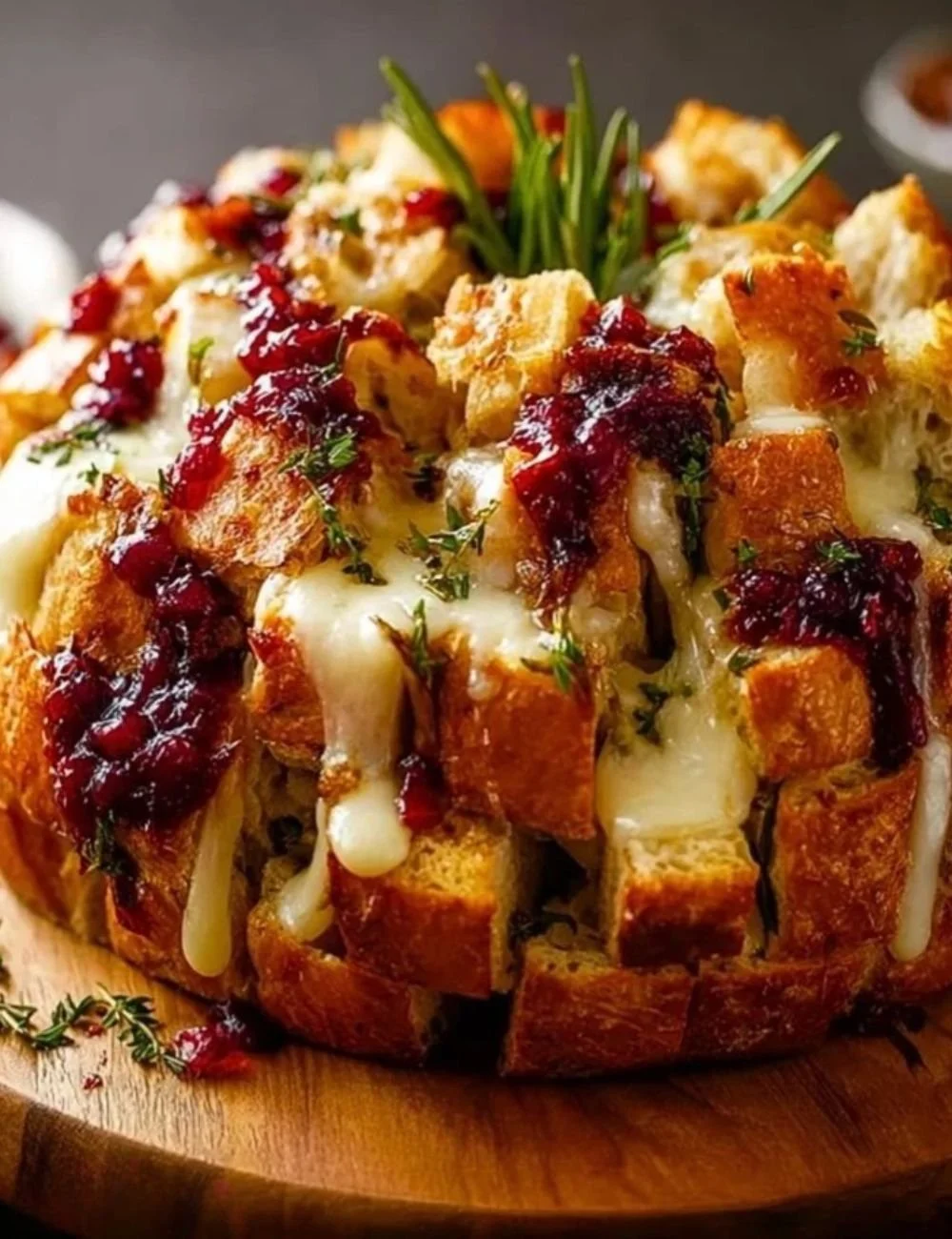 Delicious pull-apart sourdough brie and cranberry bread fresh from the oven