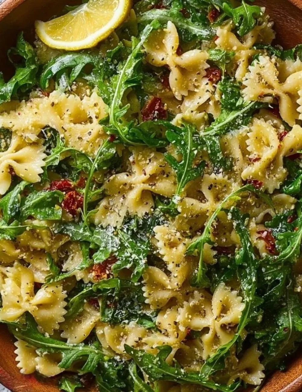 Quick lemon arugula pasta salad with fresh ingredients in a bowl