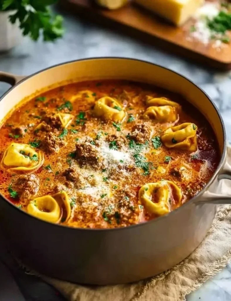 Bowl of rich lasagna soup topped with tortellini and garnished with herbs.
