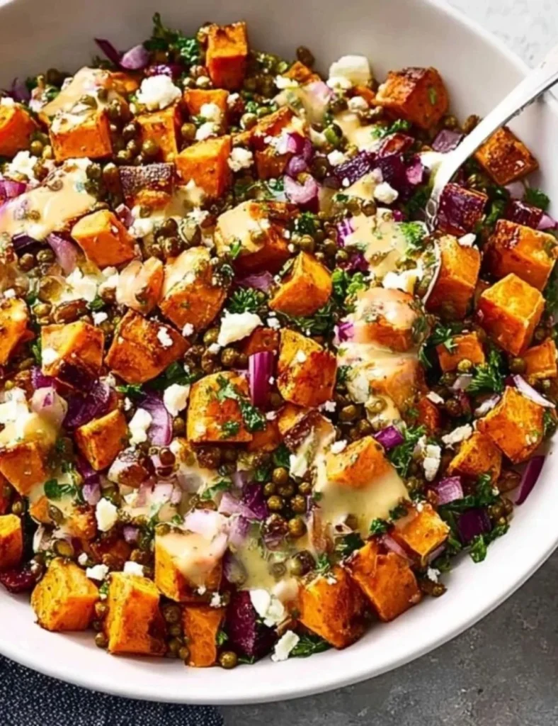 Roasted sweet potato salad with vibrant vegetables and dressing