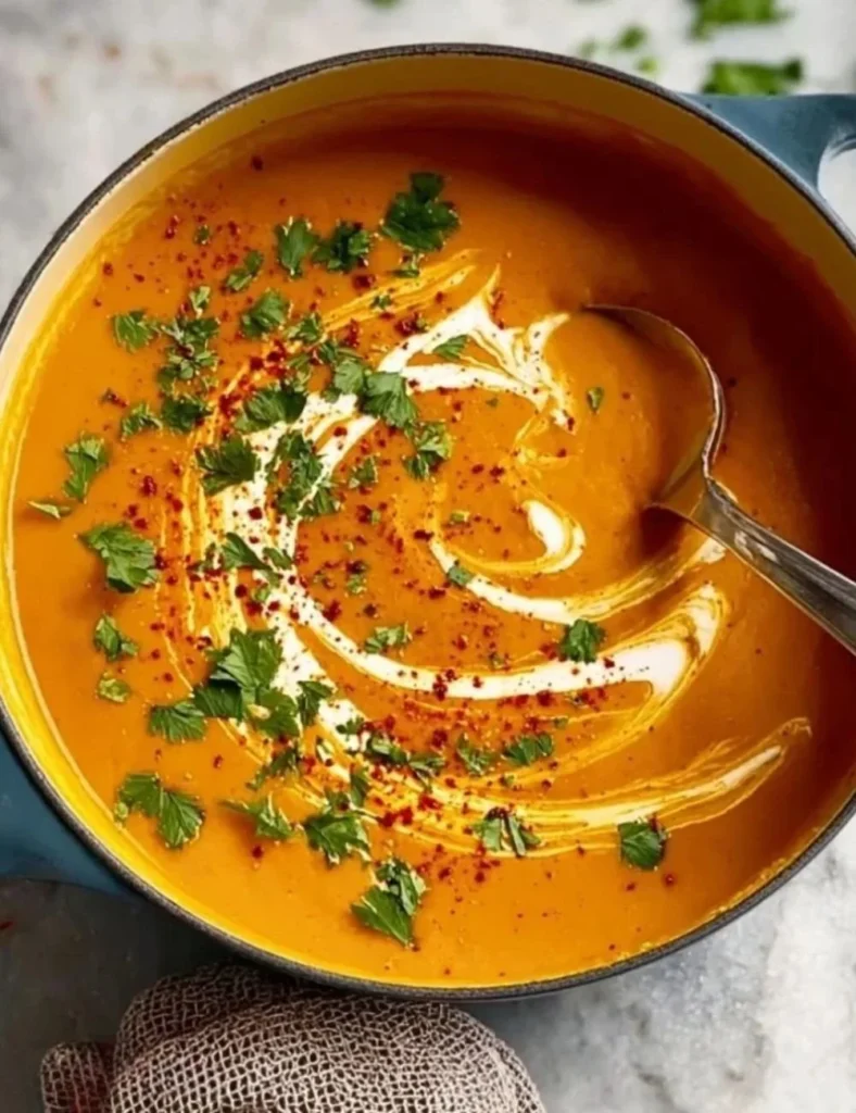 Creamy gluten and dairy free sweet potato soup in a bowl, garnished with herbs