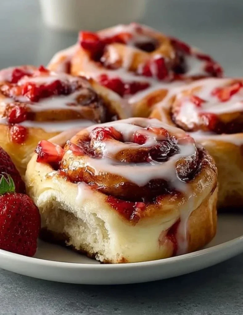 Strawberry cheesecake cinnamon rolls drizzled with icing on a plate