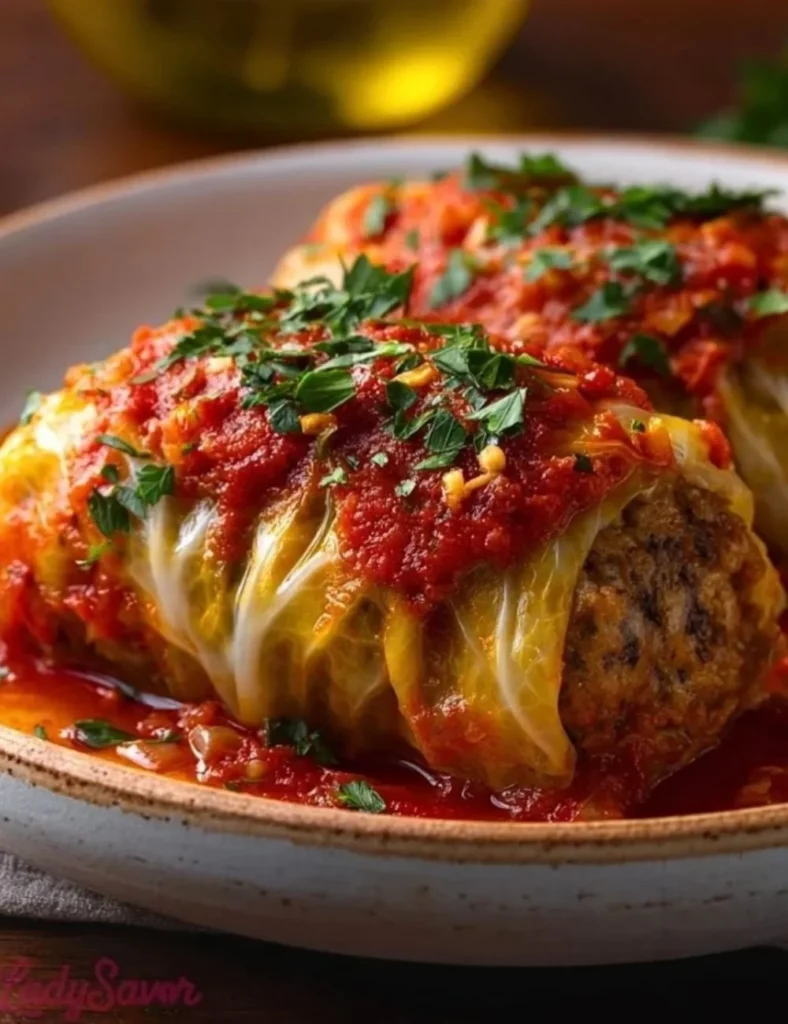 Plate of delicious stuffed cabbage rolls topped with tomato sauce.