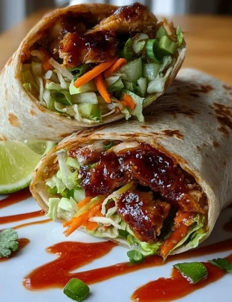 Delicious sweet chili chicken wraps featuring tender chicken and fresh veggies