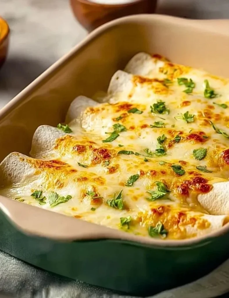 Delicious white rotisserie chicken enchiladas topped with cheese and sauce.