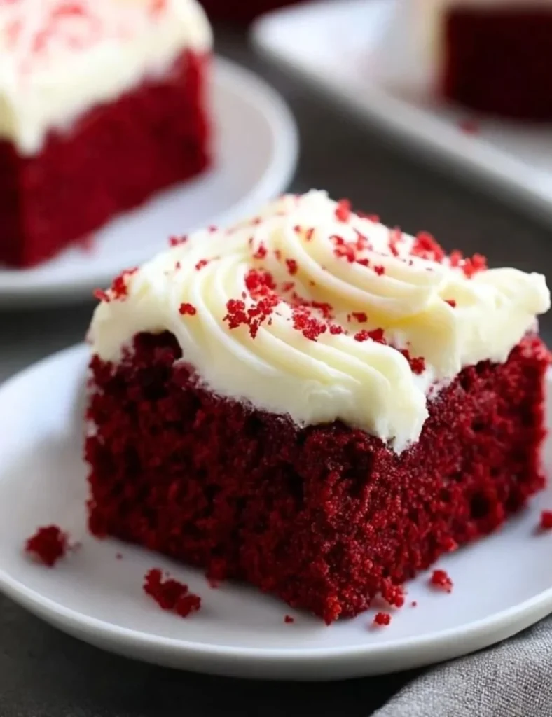 Delicious red velvet snack cake with creamy frosting and chocolate sprinkles.