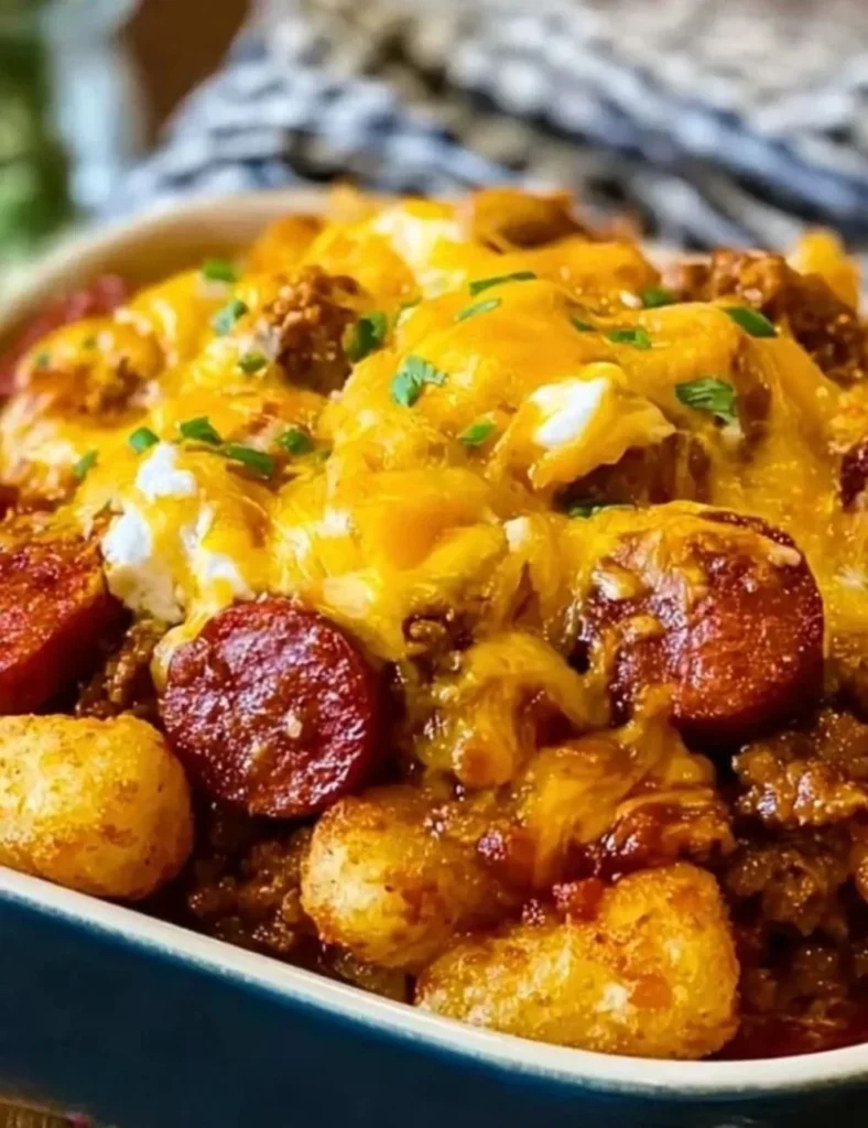 Delicious serving of Ultimate Crockpot Chili Dog Casserole topped with cheese