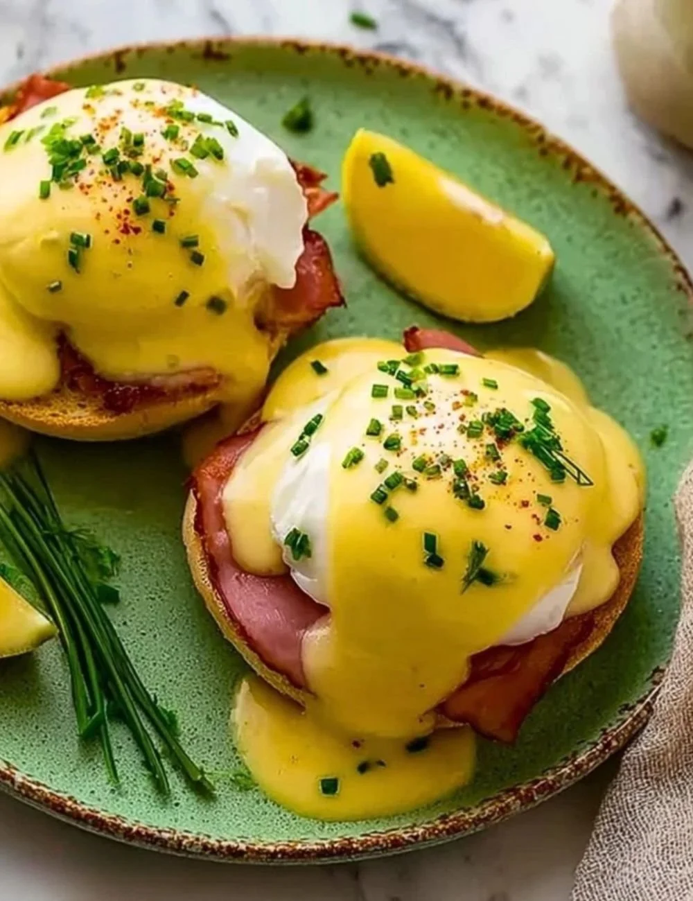 Deliciously plated ultimate Eggs Benedict with poached eggs and hollandaise sauce