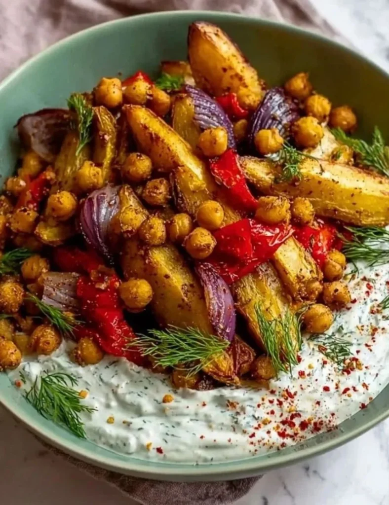 Vegan Mediterranean roasted vegetables bowl with colorful grilled veggies