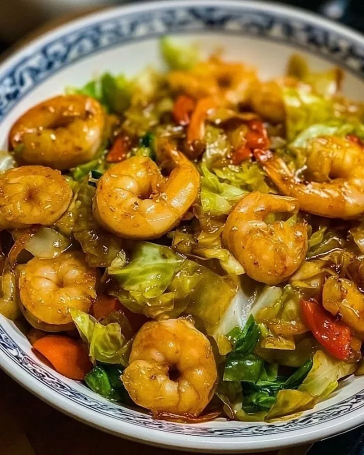 Asian shrimp and cabbage stir fry with colorful vegetables and savory sauce
